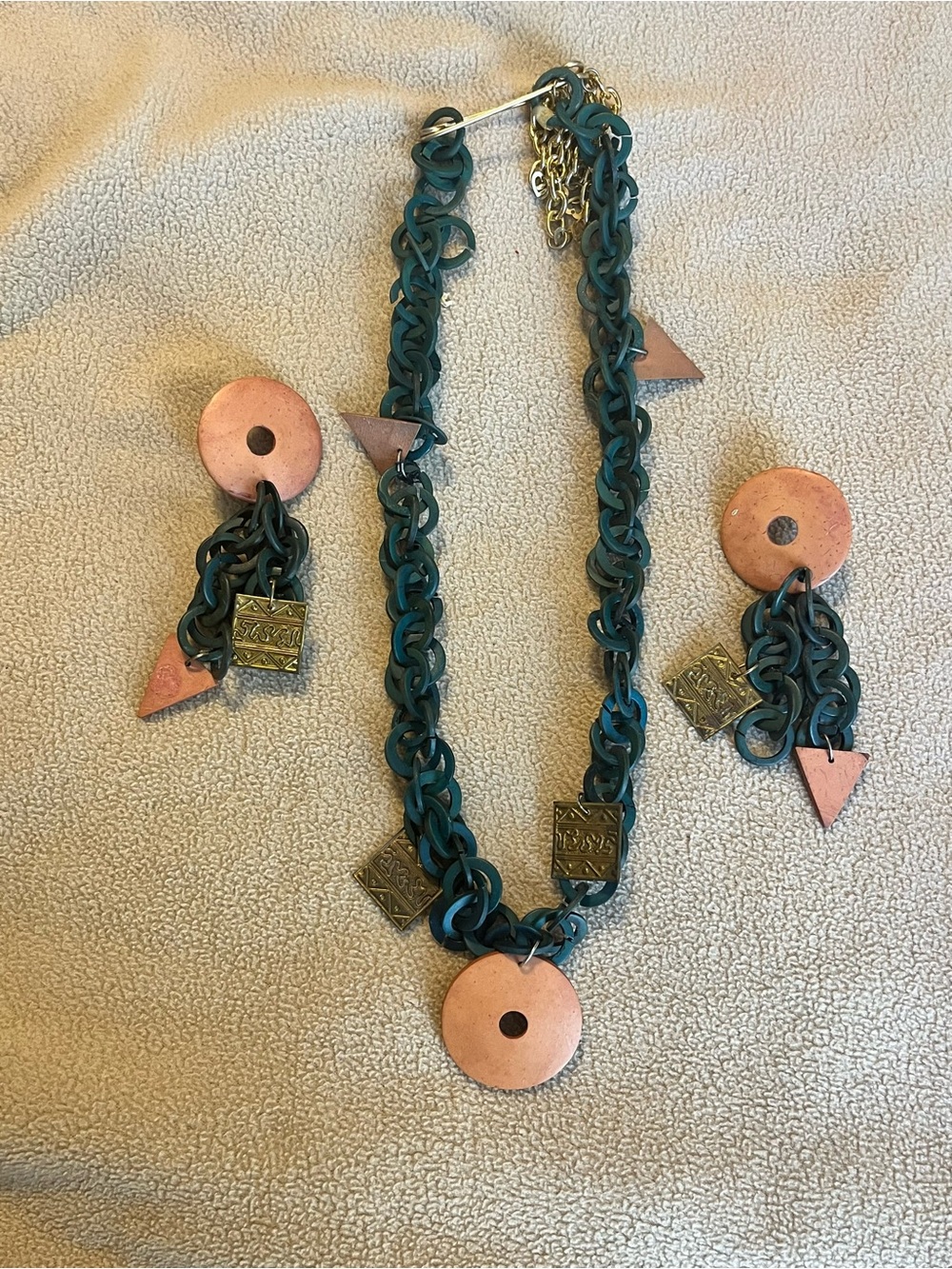 Vintage 80s-90s Teal Wood & Metal Necklace/Earring Set